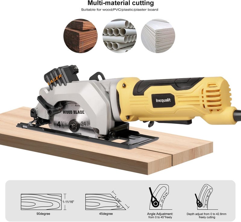Inequalit 4Amp Mini Circular Saw, 3500RPM Corded Compact Saw with 4-1/2" 24T TCT Blades, Laser Guide, Rip Guide, Vacuum Adapter and Blade Wrench, Max Cutting Depth 1-11/16"(90°), 1-1/8"(45°） - Image 5